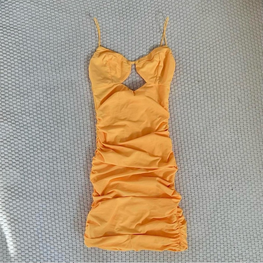 Tiger Mist Yellow Ruched Mini Dress